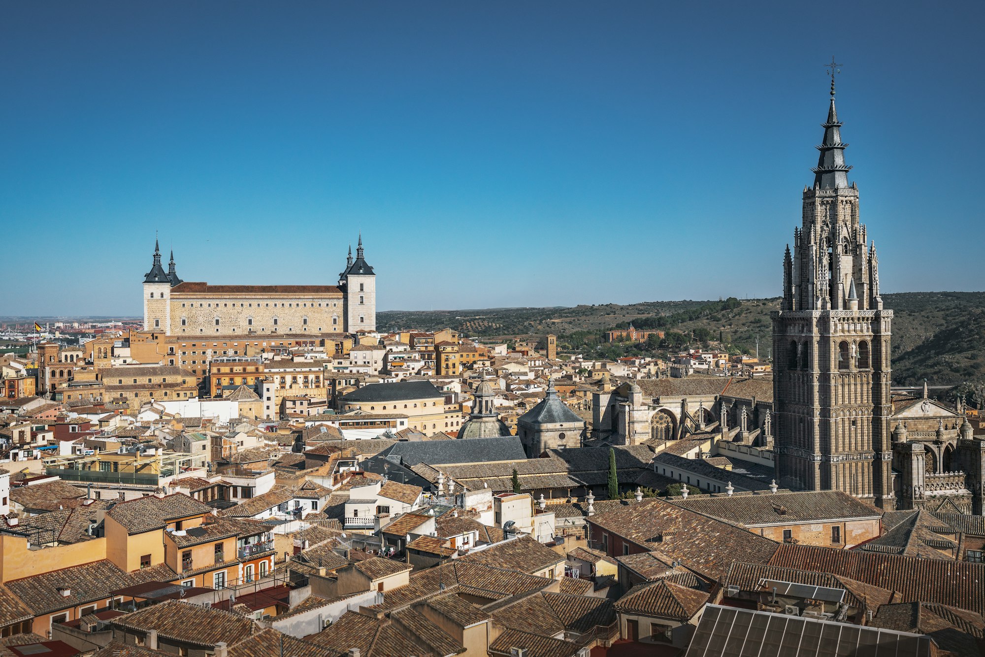 Aerial view of Toledo city with Cathedral Tower and Alcazar - Toledo, Castila La Macha, Spain